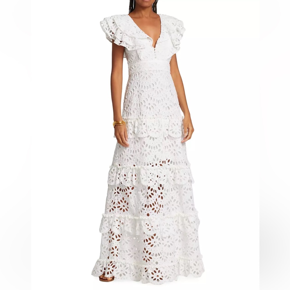 Farina dress from Figue has stunning eyelet detail in a floor-length style